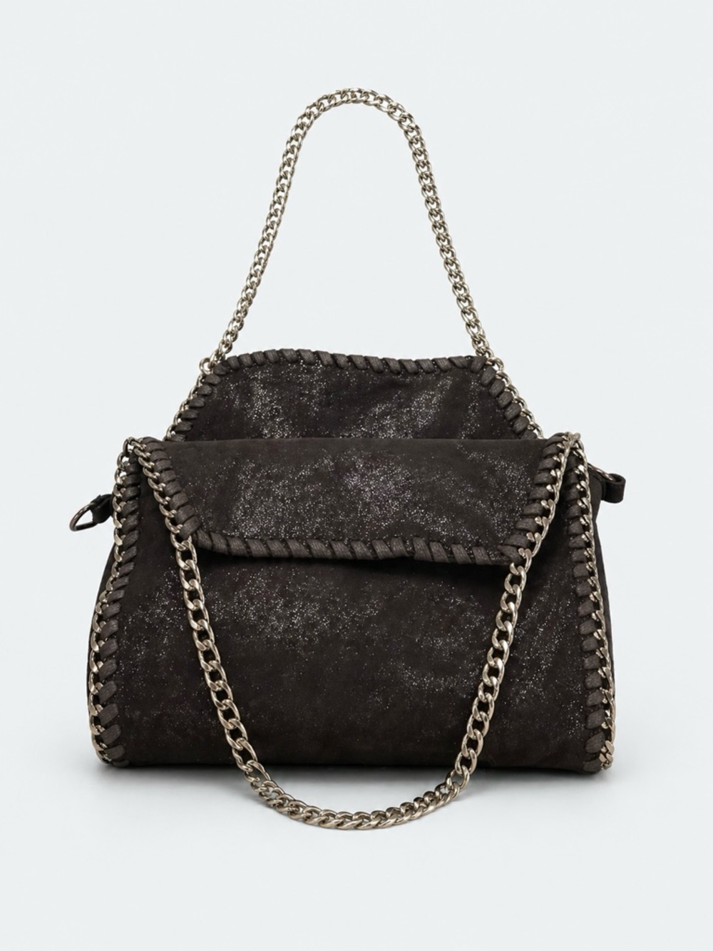 Falabella-Inspired Silver Chain Trim Crossbody / Shoulder Bag Black Shimmer